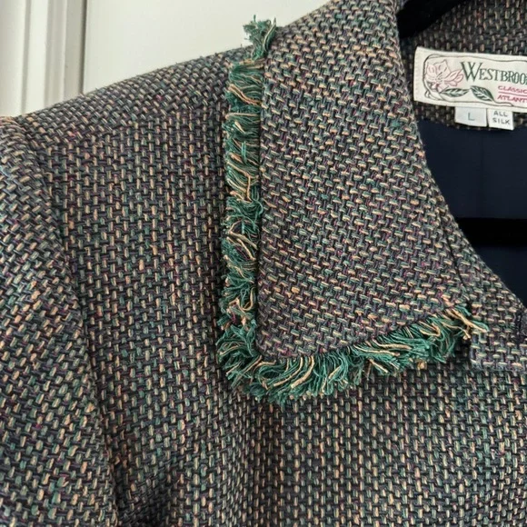 Vintage 90s Silk Cropped Blazer Jacket Fringe Collar Boxy Grandma Chic Large - Picture 3 of 7